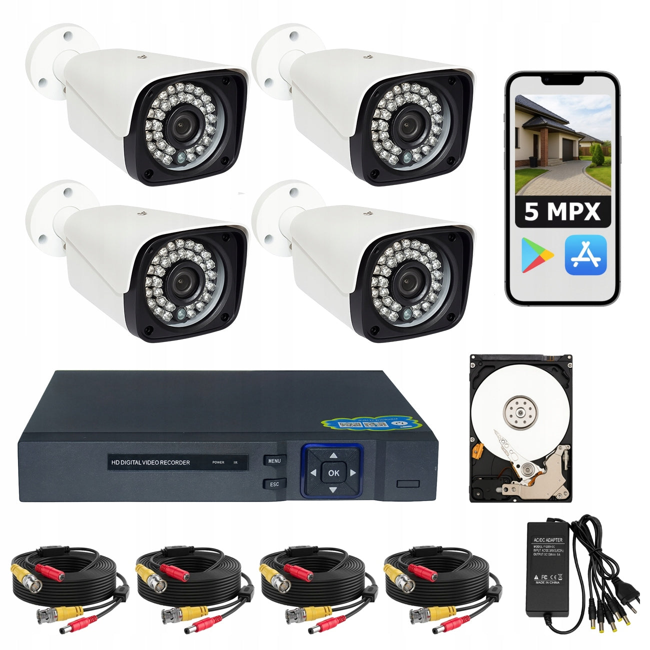 COMPLETE SET FOR HOME MONITORING OF THE PROPERTY COMPANY 4 CAMERAS 5 MPX DISK 1 TB