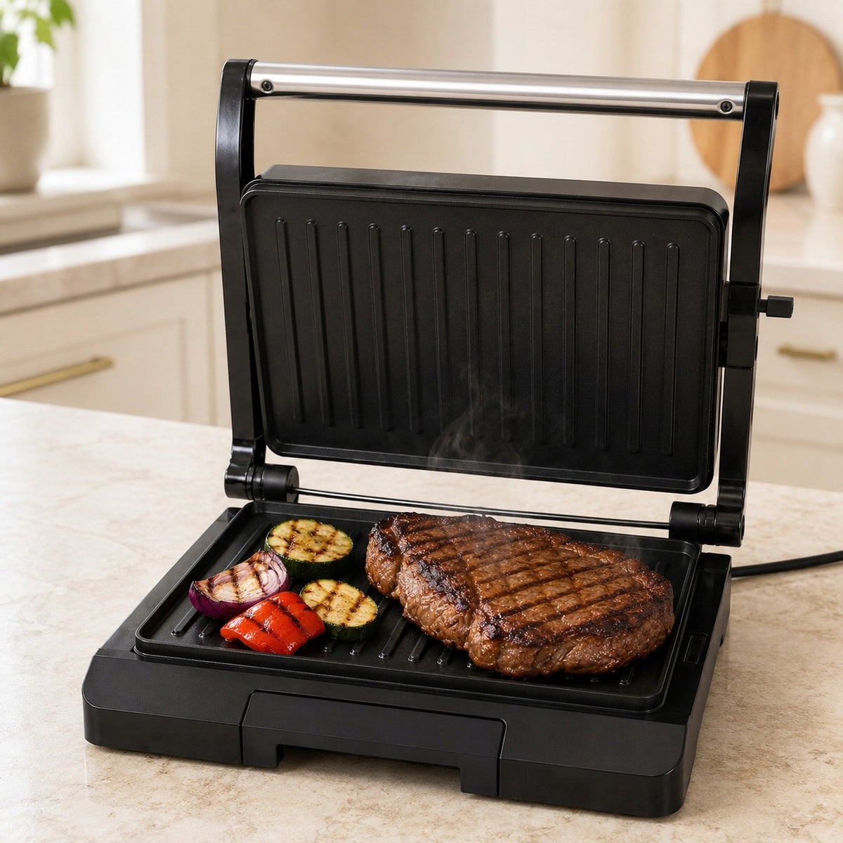 CONTACT GRILL ELECTRIC TOASTER PANINI TOAST STEAK 800W DRIP TRAY Packaging status original