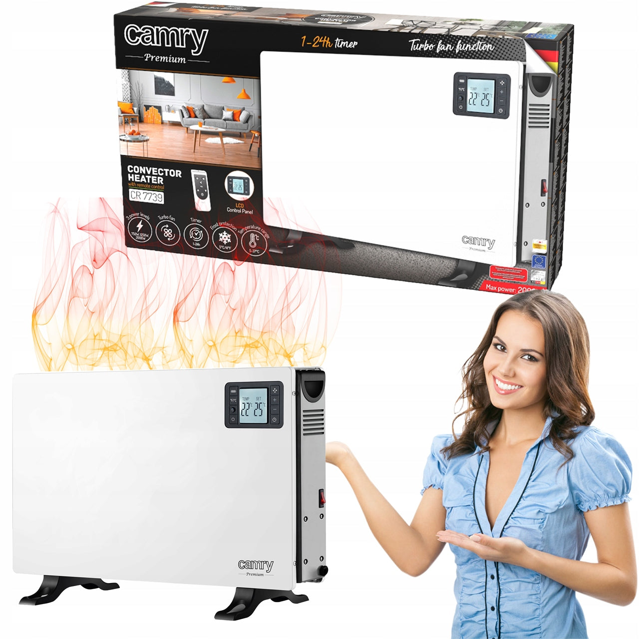 CONVECTOR HEATER ELECTRIC TIMER THERMOSTAT APRON 2000W LED REMOTE CONTROL