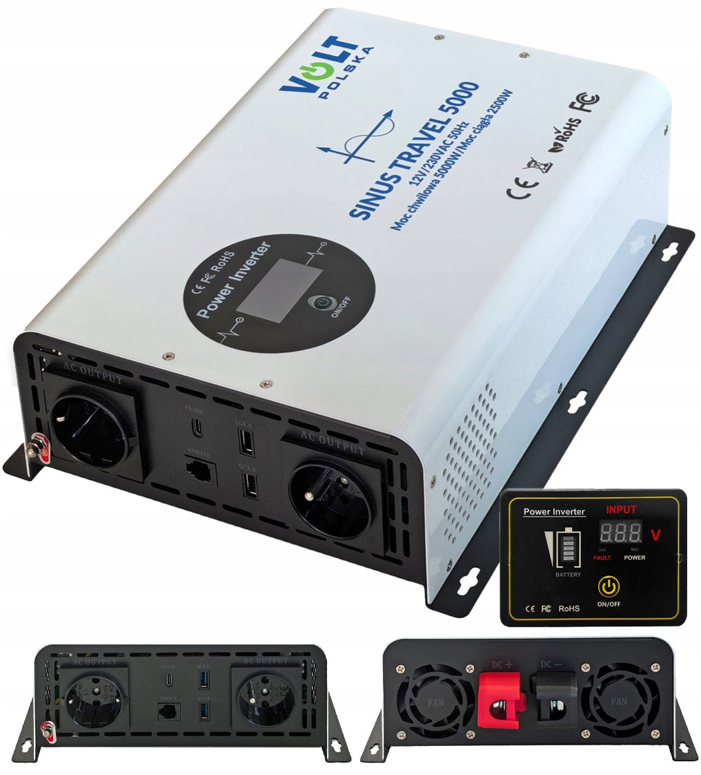 CONVERTER 12V 230V 2500W/5000W VOLT POLSKA SINE PUMP MOTORS LCD PILOT