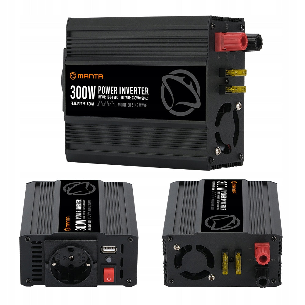 CONVERTER 12v 24v 230v CAR INVERTER 300W 600W USB SECURITY Brand Manta