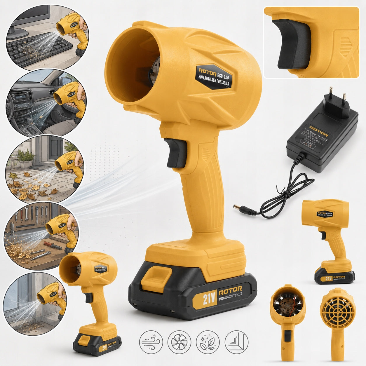 CORDLESS BLOWER ROTOR RCB-1.5A FOR LEAVES AND DUST 21V LIGHT STRONG Power supply rechargeable battery