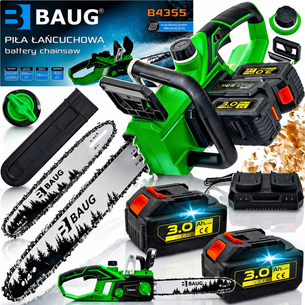 CORDLESS CHAINSAW SAW BATTERIES 2 x 3.0 AH GUIDE 14"