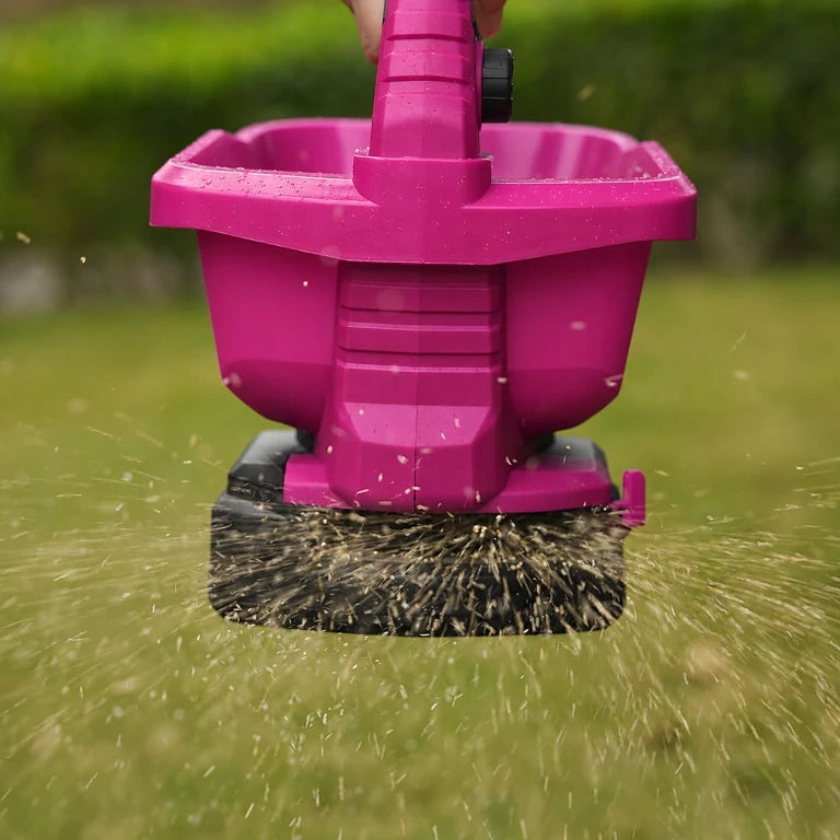CORDLESS GARDEN FERTILIZER SEED SPREADER ADJUSTABLE MANUAL Series różowy siewnik ogrodowy z regulacją