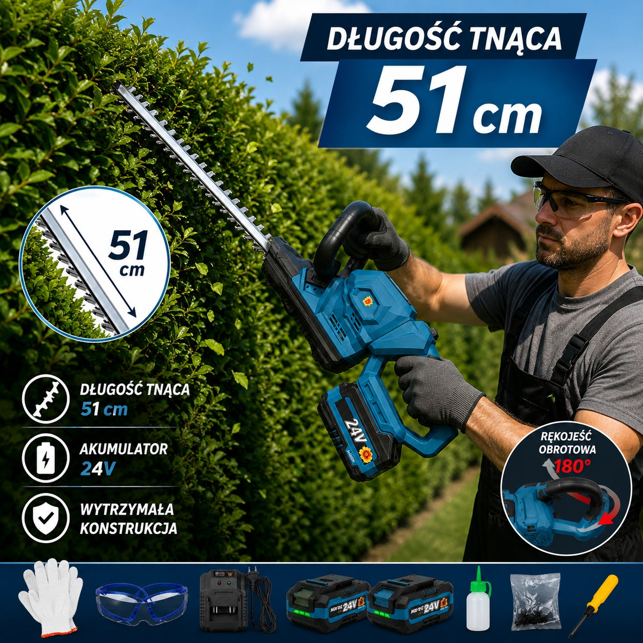 CORDLESS HEDGE TRIMMER 2xAKU 24V 4AH SET 51CM Brand Bull Tech