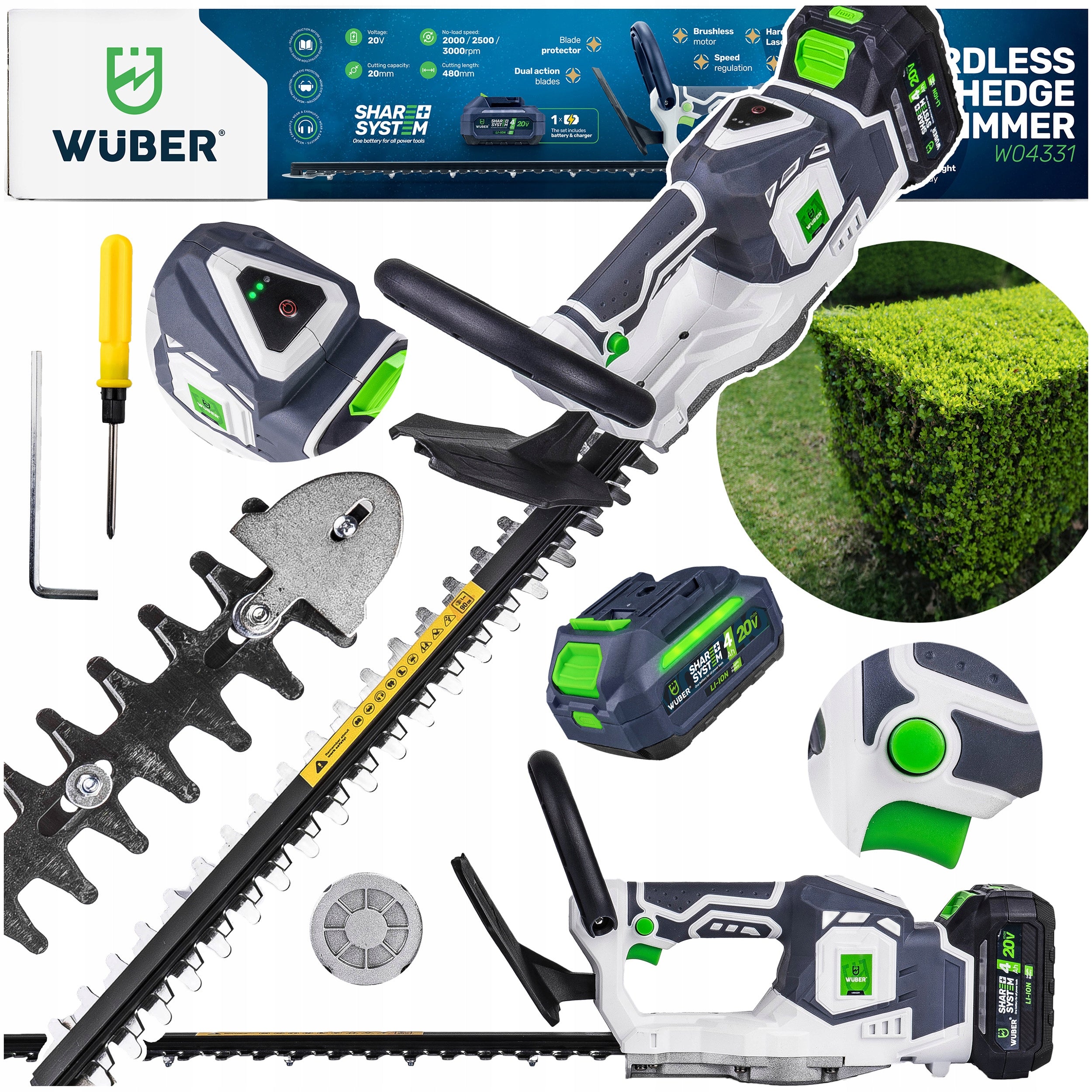 CORDLESS HEDGE TRIMMER FOR CUTTING PRUNING BUSHES 48 CM WUBER