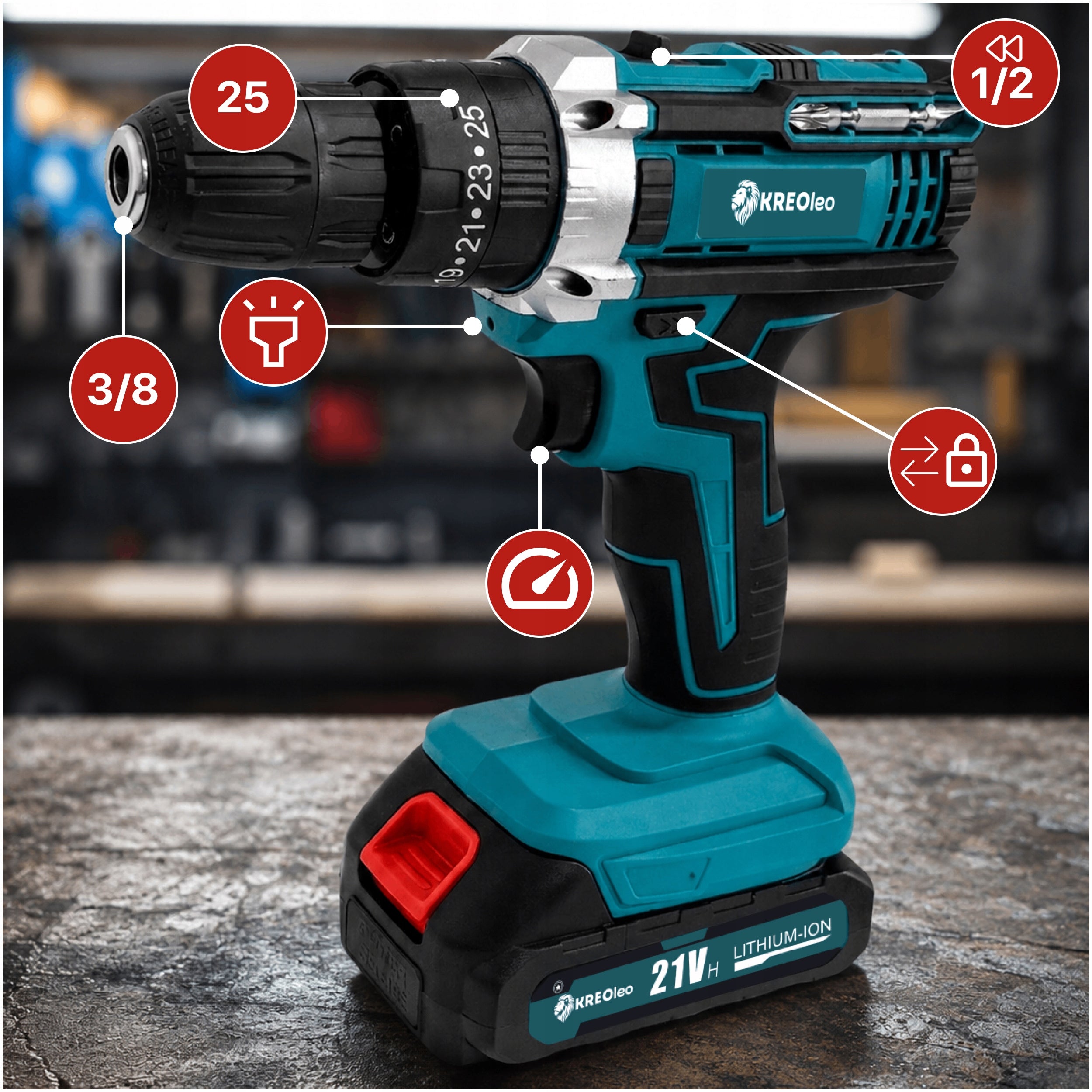 CORDLESS IMPACT DRILL DRIVER 21V 2xAKU 2Ah KREOleo + SUITCASE Manufacturer code WKRĘTARKA AKUMULATOROWA 21V METALOWA 2AKU 2Ah