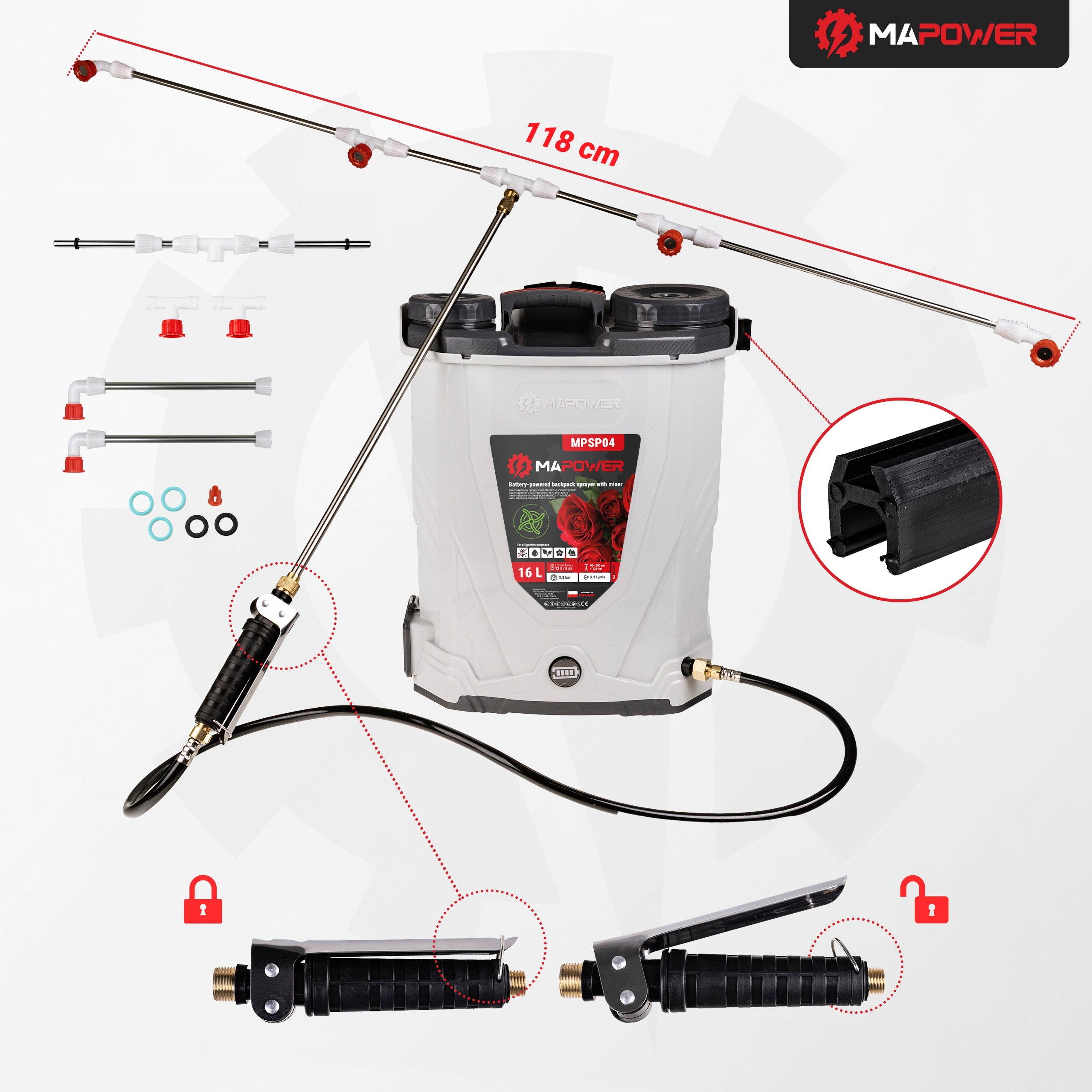 CORDLESS PRESSURE BACKPACK SPRAYER WITH MIXER 16L GARDEN Product weight with unit packaging 4.2 kg