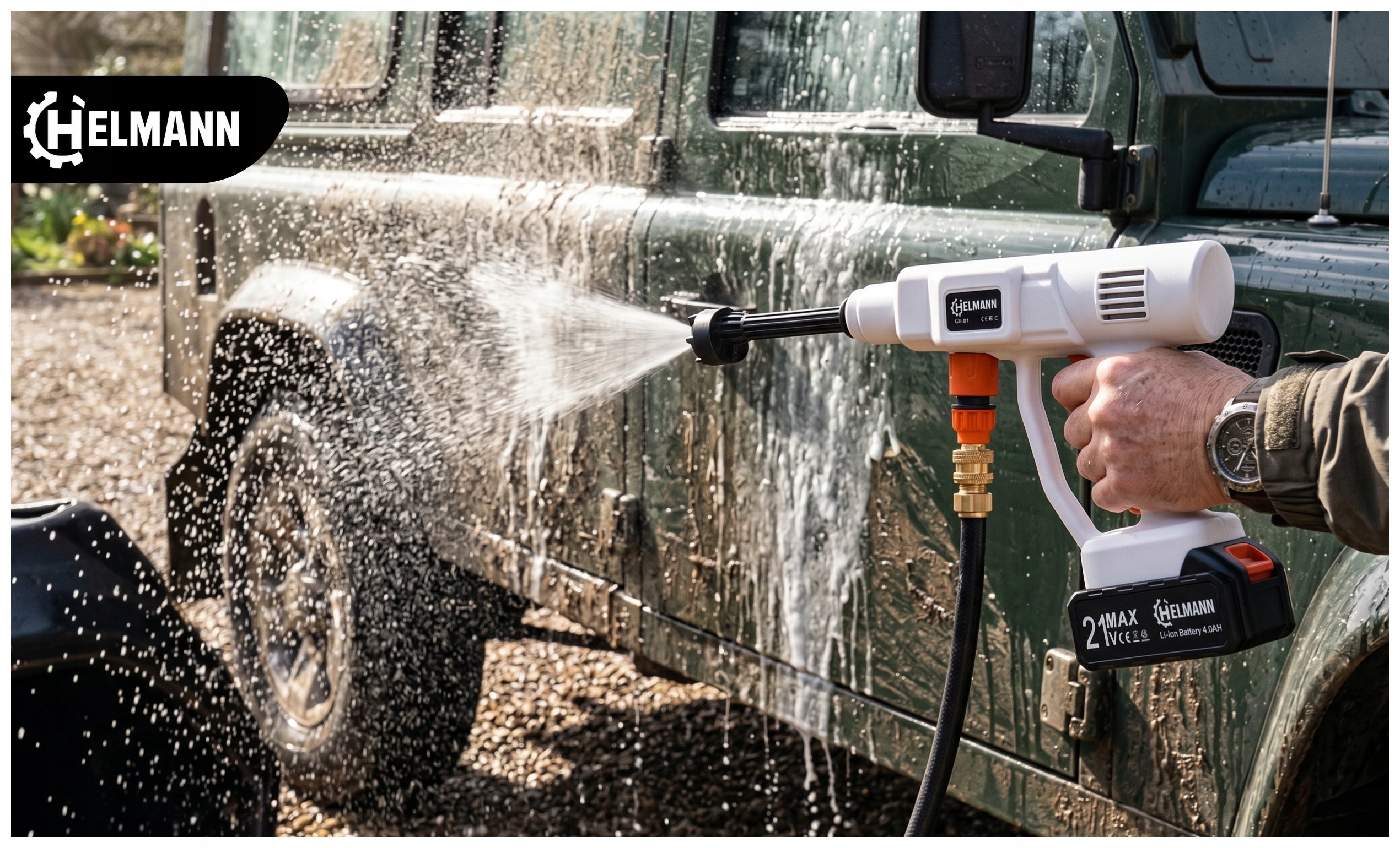CORDLESS PRESSURE WASHER 60BAR 2X AKU 4AH 21V 6IN1 NOZZLE MULTI SET Pump type made of aluminum