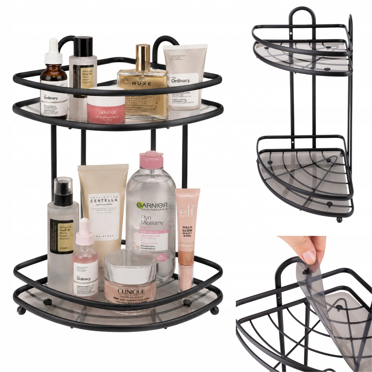 CORNER BATHROOM SHELF HANGING TWO-LEVEL ORGANIZER BLACK KAMILLE