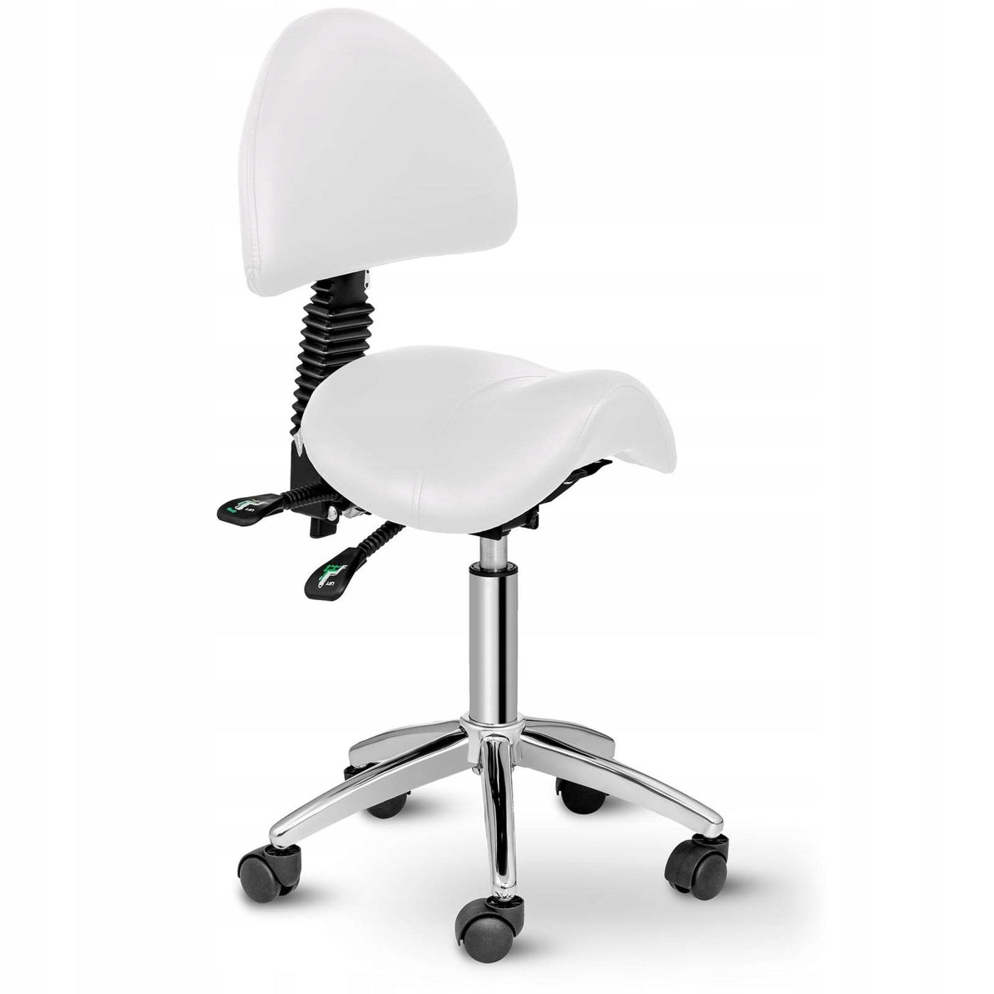 COSMETIC SADDLE CHAIR ON WHEELS FAUX LEATHER