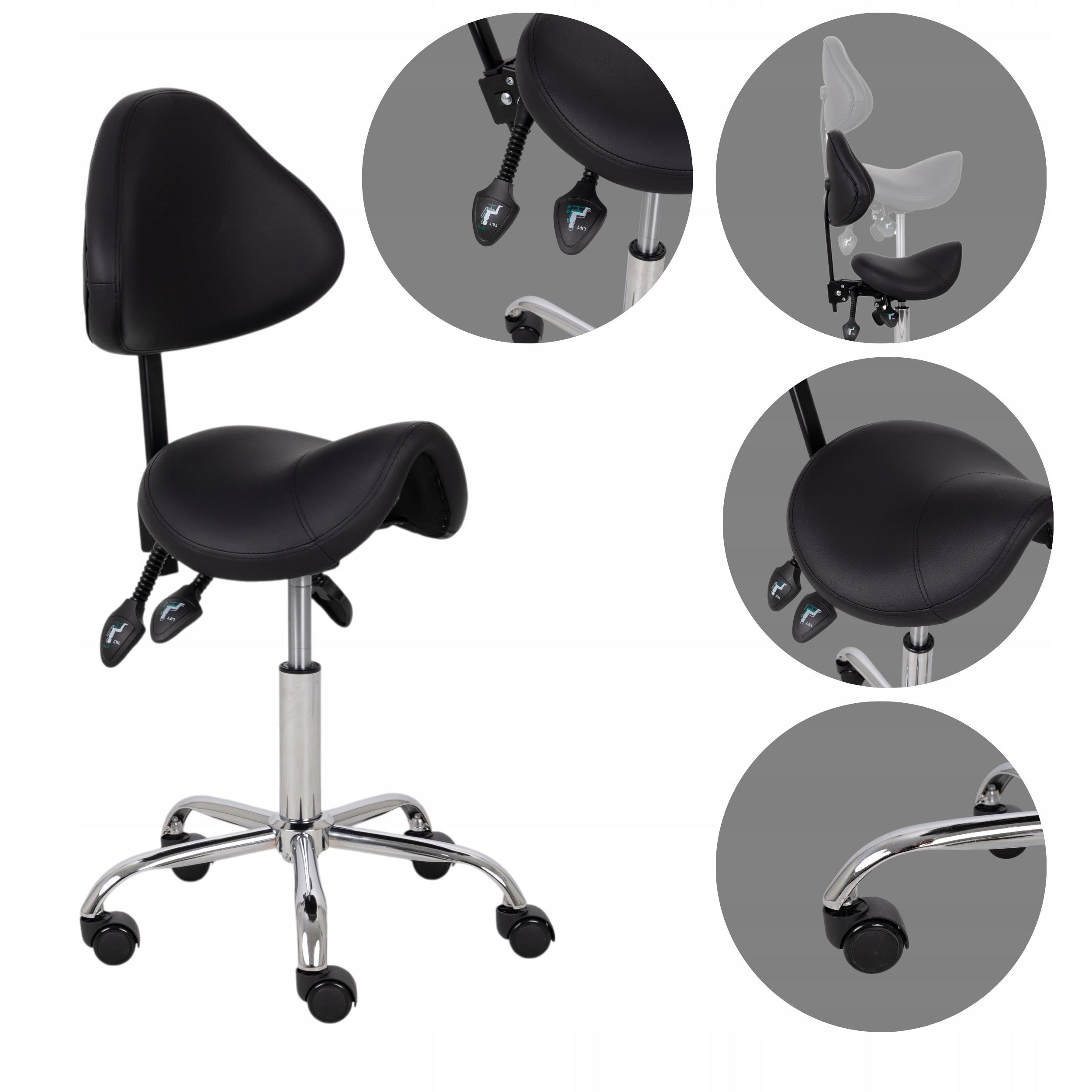 COSMETIC STOOL BACKREST SALT SWIVEL SADDLE FOR OFFICE BLACK HABYS