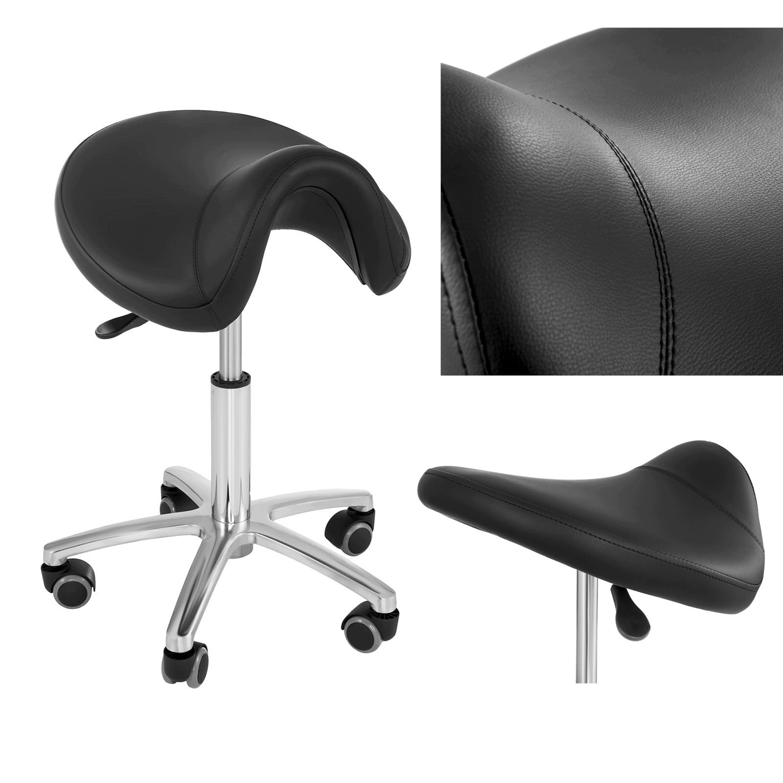COSMETIC STOOL SWIVEL SADDLE ON WHEELS BLACK FAUX LEATHER STEEL