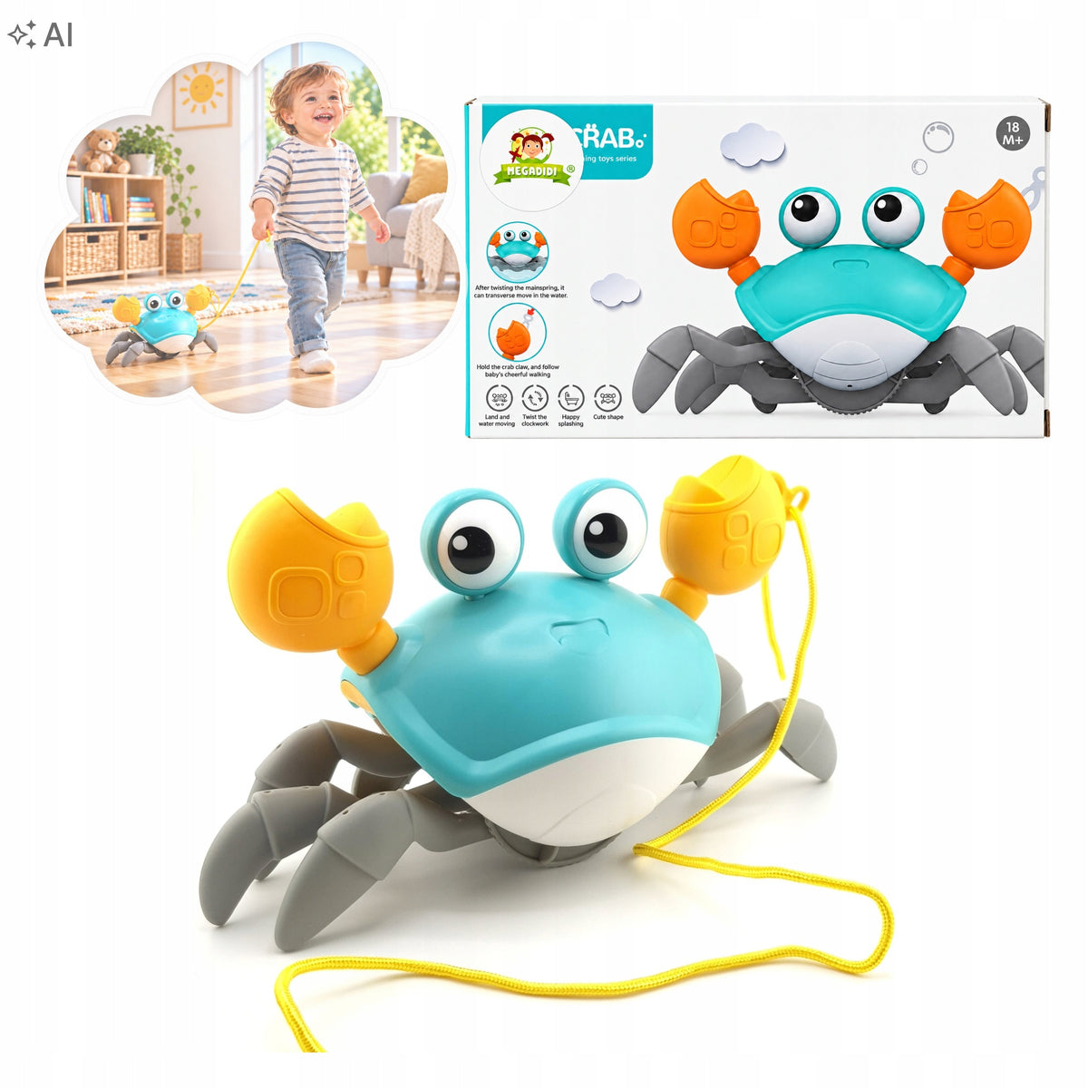 CRAB ESCAPING WIND-UP CRAWLING TOY WALKING WITH STRING