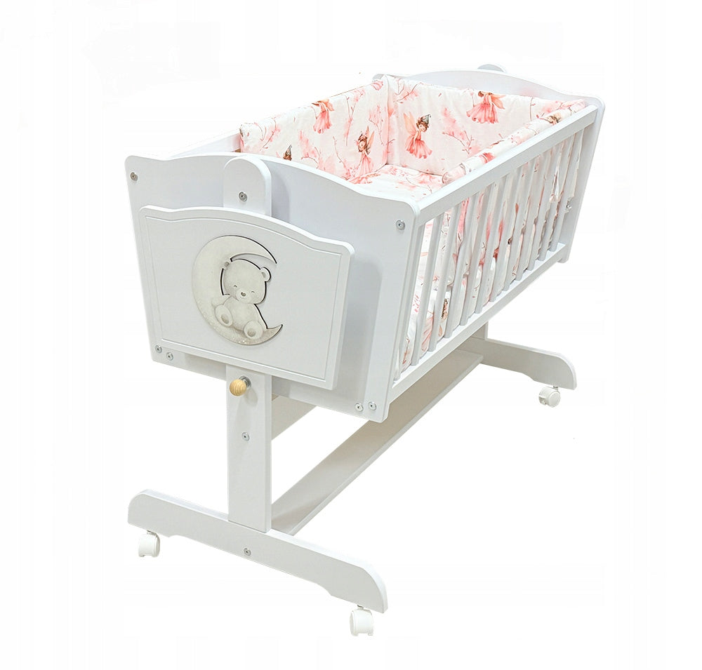 CRADLE WHITE WHEELS LOCK + MATTRESS + BEDDING
