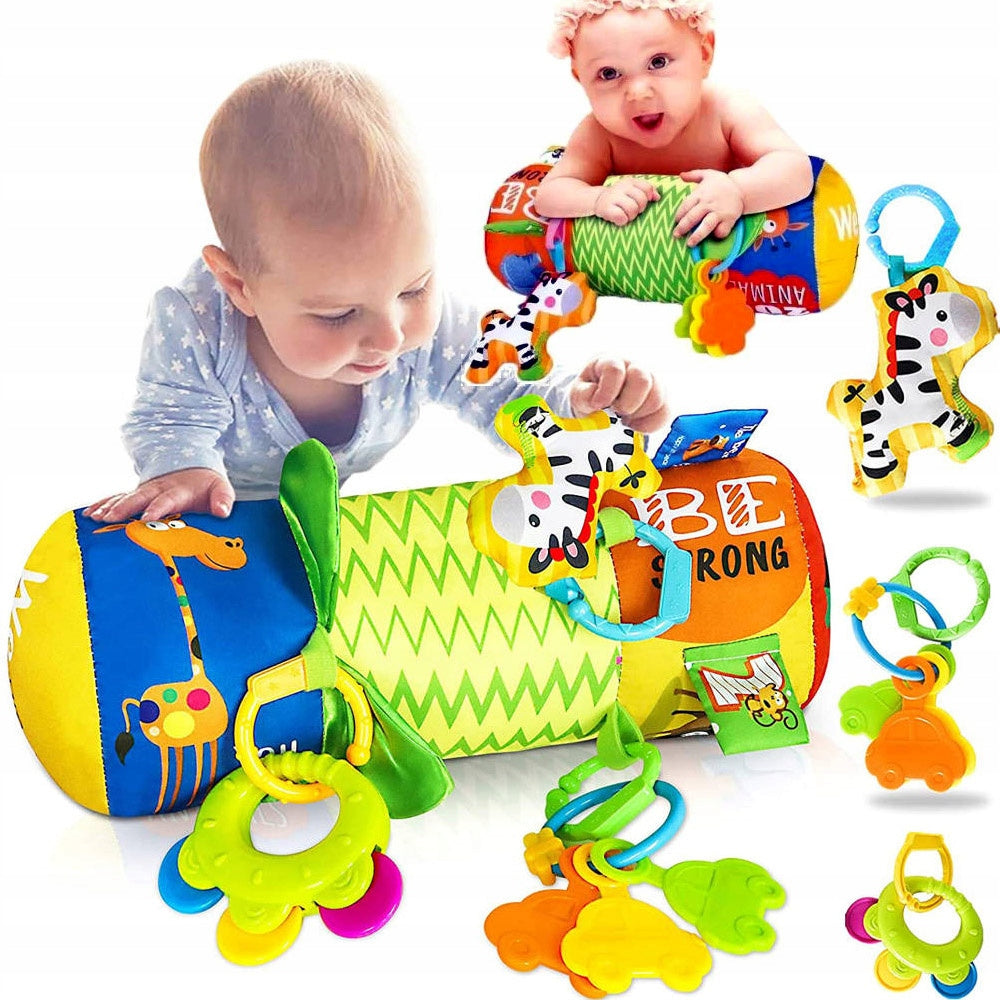 CRAWLING ROLLER pillow for BABIES ROLLER rattle teether tag