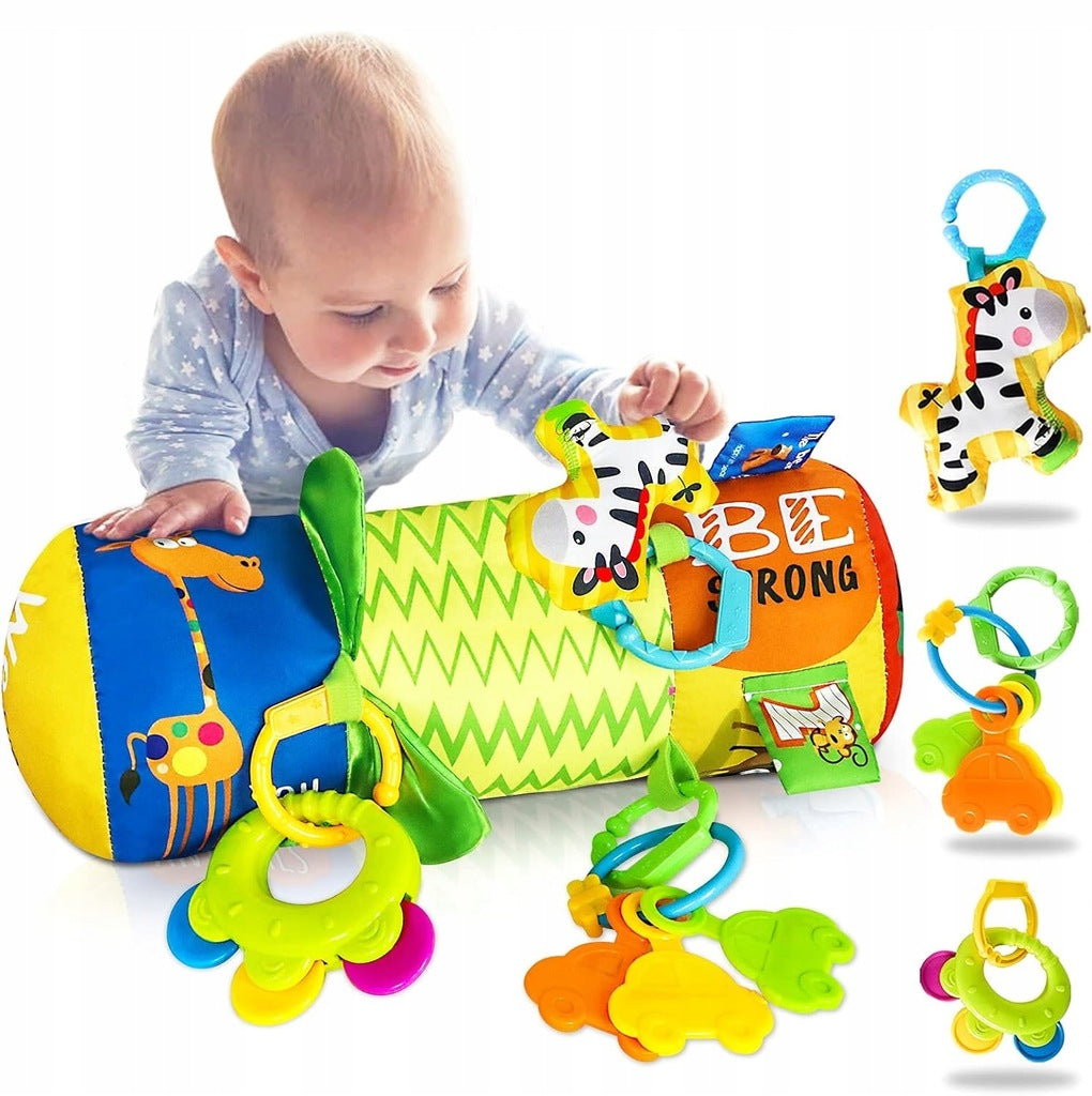 CRAWLING ROLLER pillow for BABIES ROLLER rattle teether tags
