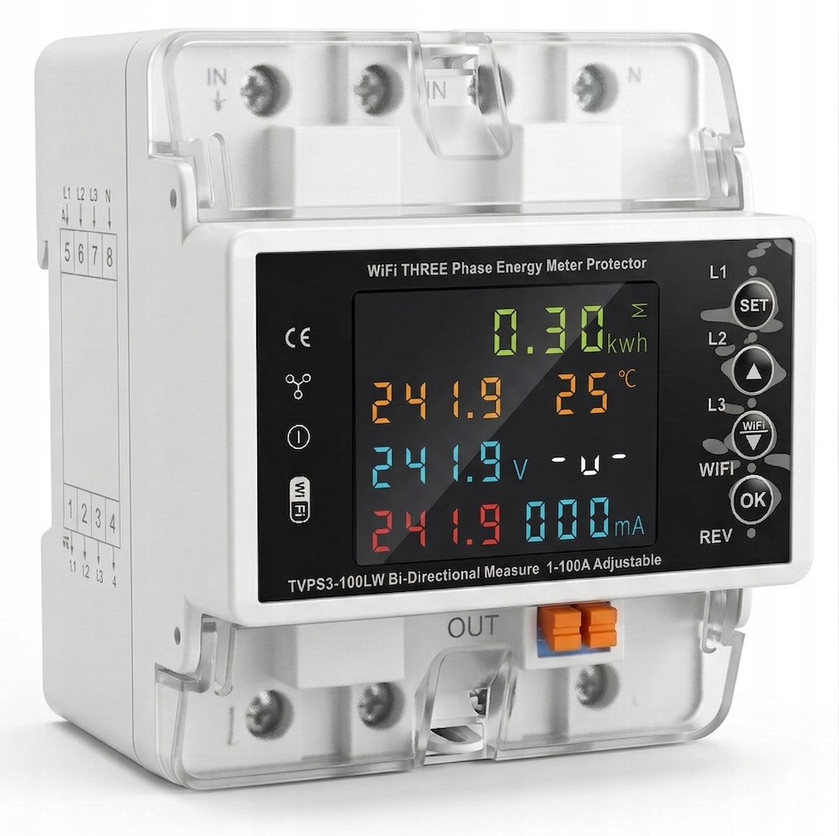 CURRENT METER 3-PHASE CONSUMPTION METER 3F WIFI APPLICATION TUYA 100A DIN 35 Manufacturer code GR159