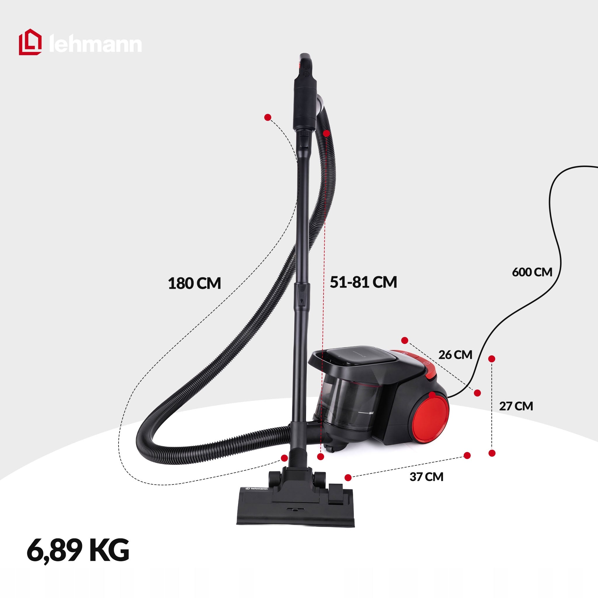 CYCLONE VACUUM CLEANER LEHMANN BAGLESS TURBO BRUSH MAX. 4000W NEW MODEL Dominant color black