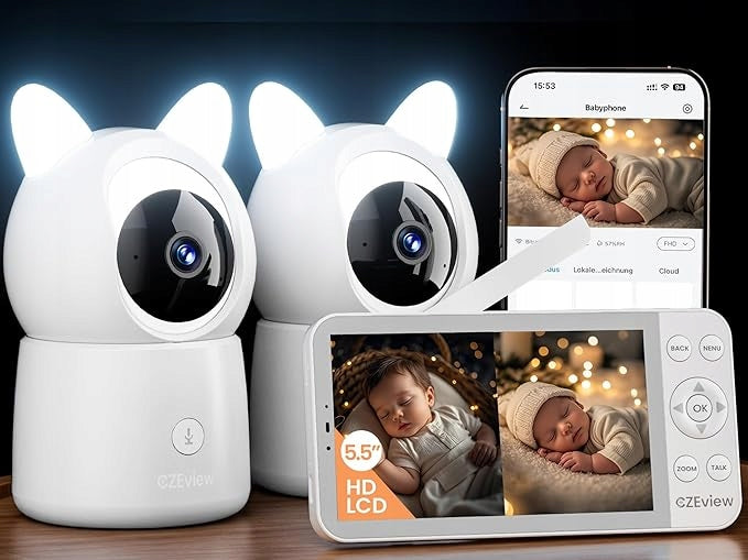CZEview Baby Monitor 5,5" with 2 Cameras & App, 2K HD, White