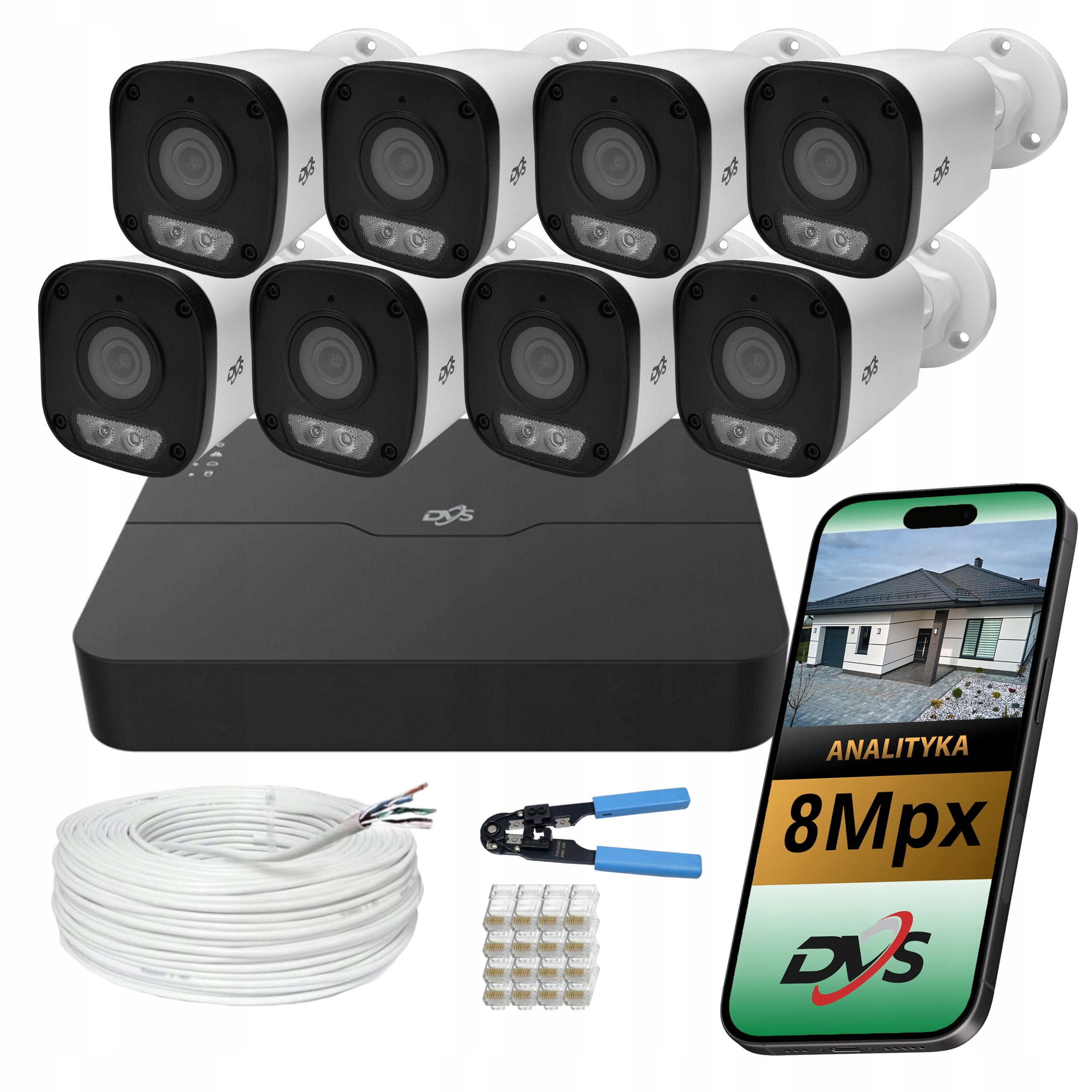Camera set for monitoring 8 IP cameras 8Mpx 4K outdoor PoE tube DVS