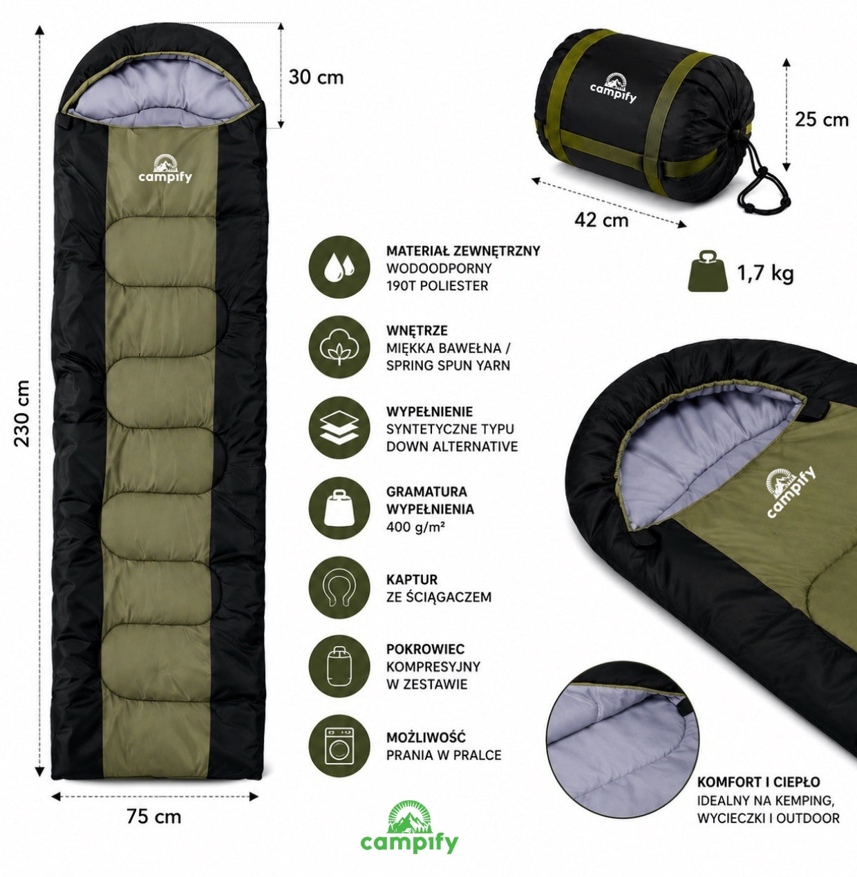 Campify Hiking Sleeping Bag With Hood 2in1 Quilt Warm 400g 230X75 cm Packaging status original