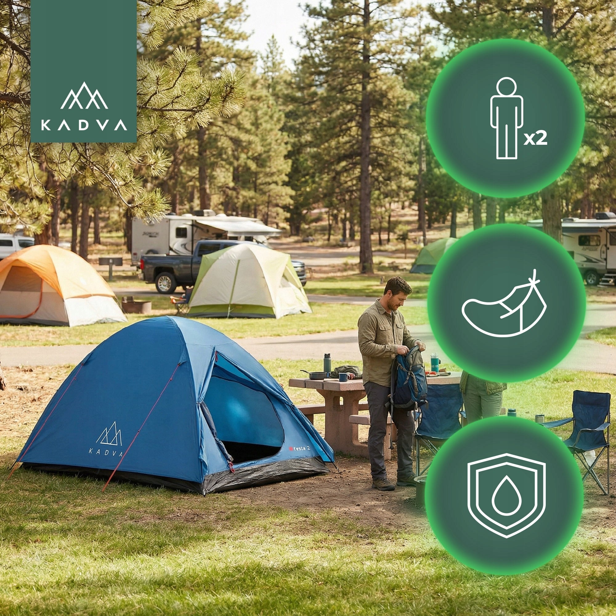 Camping tent 2-person KADVA Festa 2 blue HIKING WATERPROOF Manufacturer code KDW-FES002