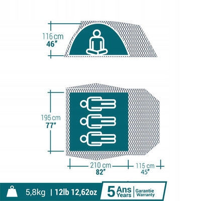 Camping tent 3-person Quechua MH100 XL FRESH&BLACK Color gray