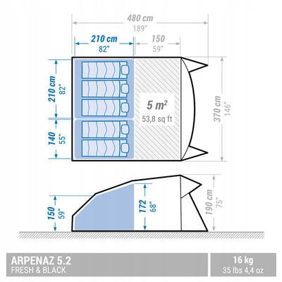 Camping tent Quechua Arpenaz 5.2 F&B -5-person, -2 bedrooms Packaging status original