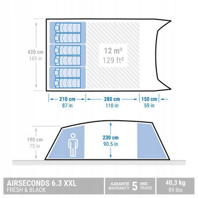 Camping tent inflatable Quechua Air Seconds 6.3 F&B 6-os XXL 3 bedrooms Packaging status original
