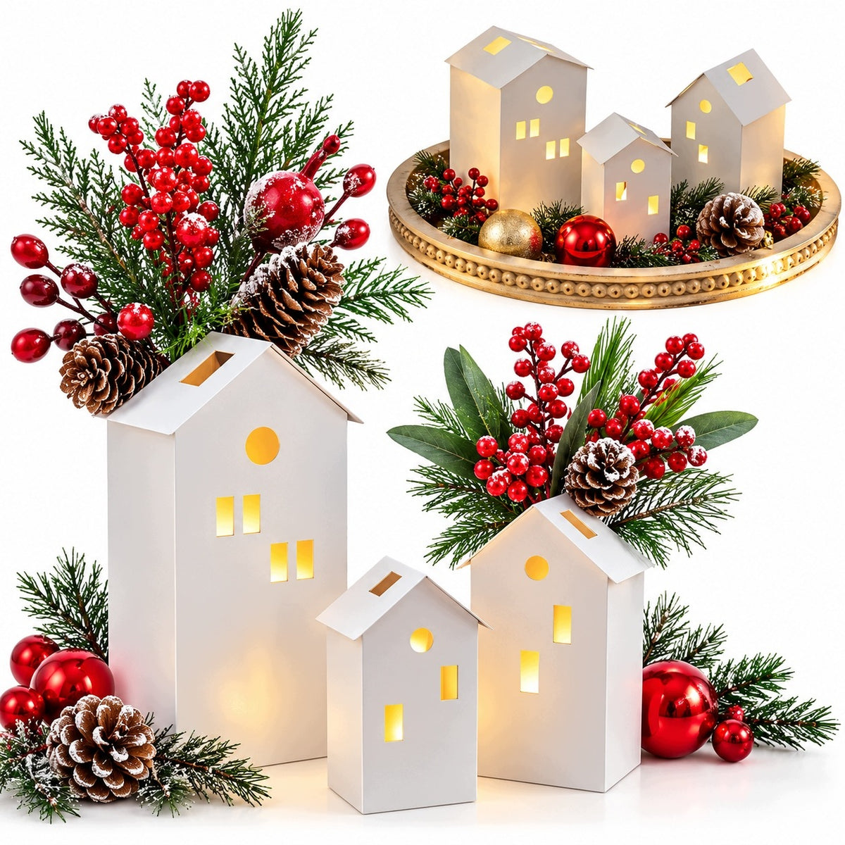 Candle Holders Cottages 3 Pcs White Metal Lanterns Christmas