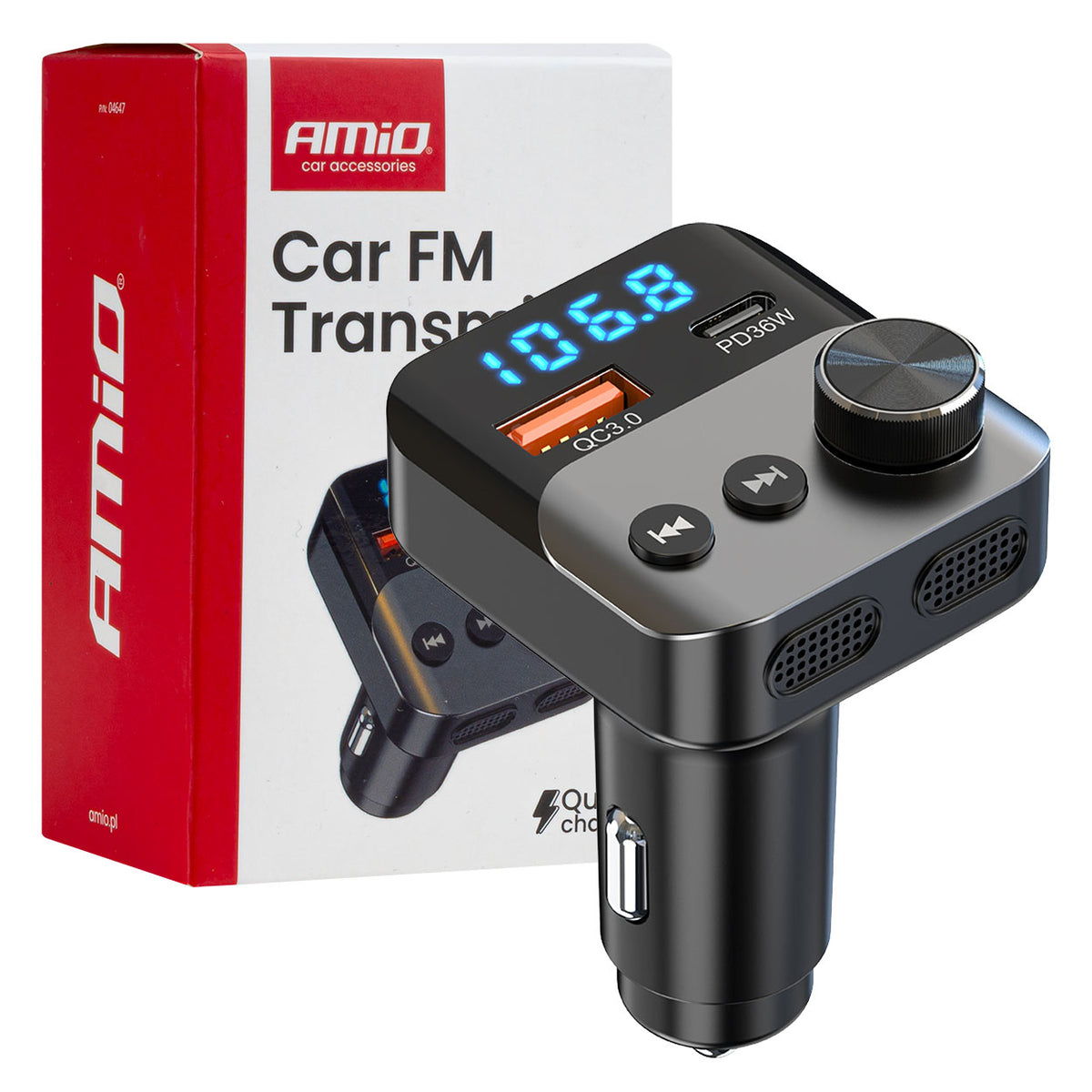 Car Bluetooth FM transmitter 1×USB-A 1×USB-C 12V 24V AMIO-04647