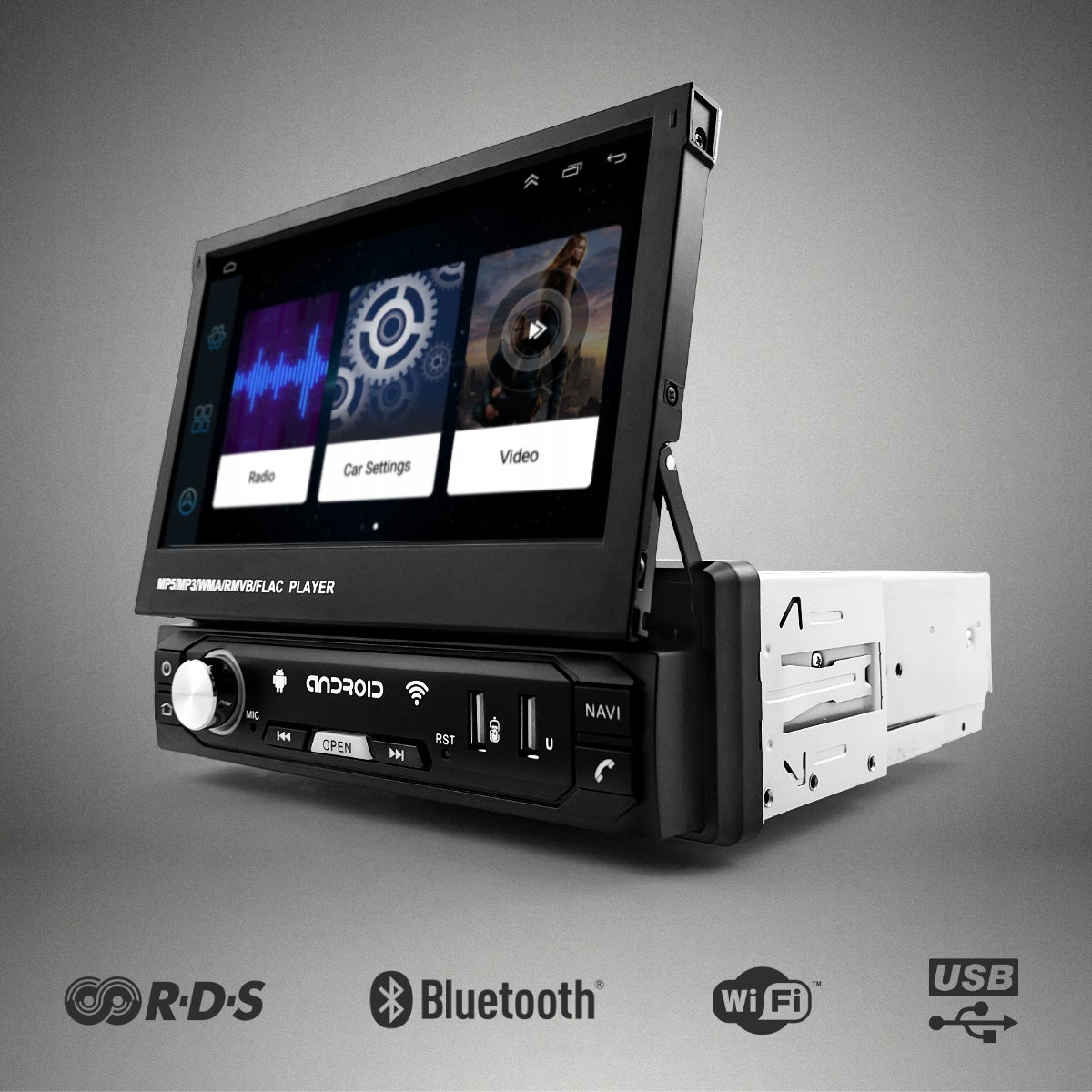 Car Radio 1DIN 7" GPS Android 2/32GB Retractable Screen WiFi Camera Brand GOMEDIA