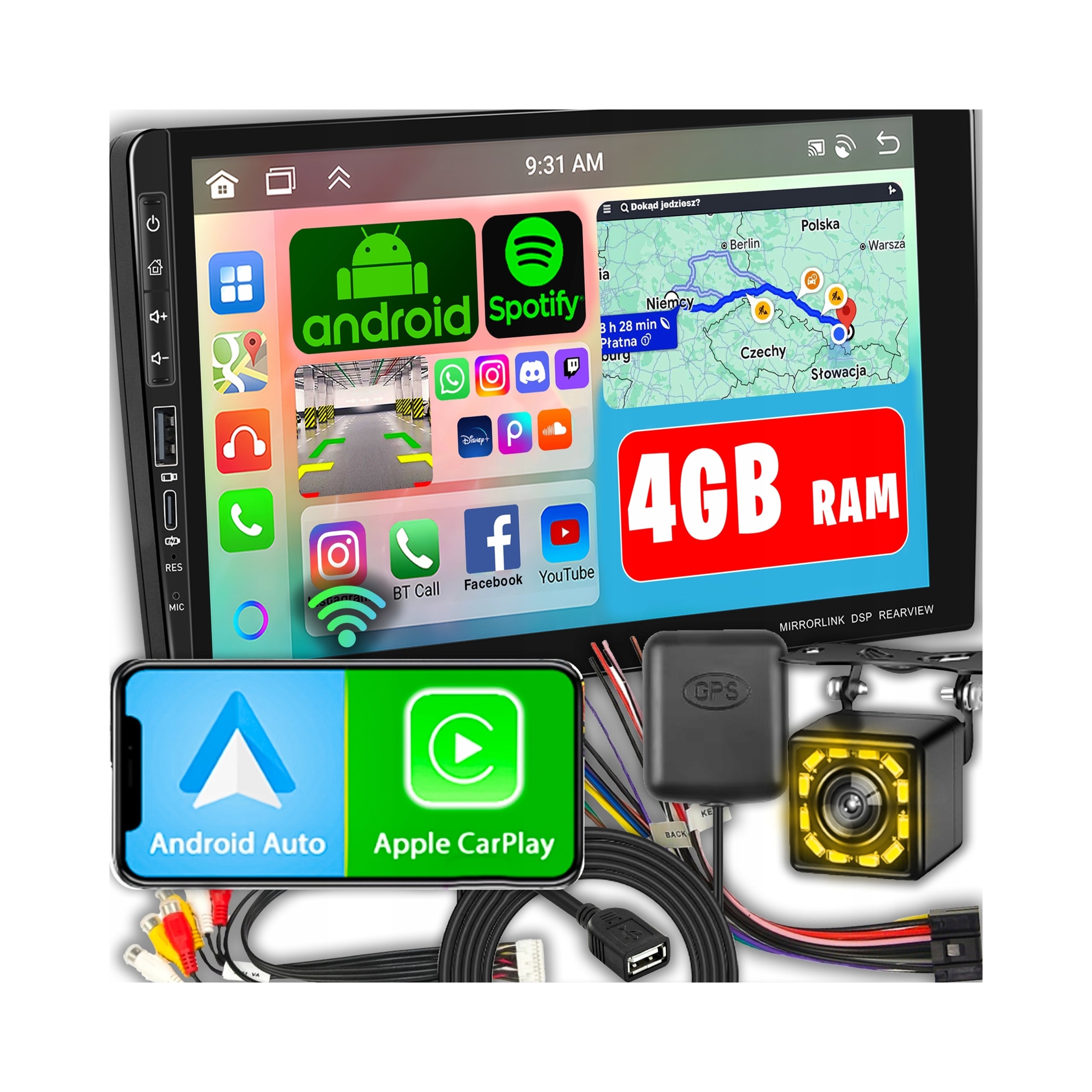 Car Radio 2 DIN Android Auto CarPlay RDS WiFi GPS DSP FM 9" 4GB RAM