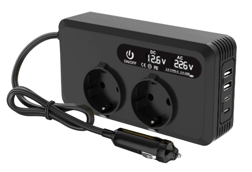 Car inverter 12V 220V 2x sockets 2x USB-C 2x USB LCD Brand M-import
