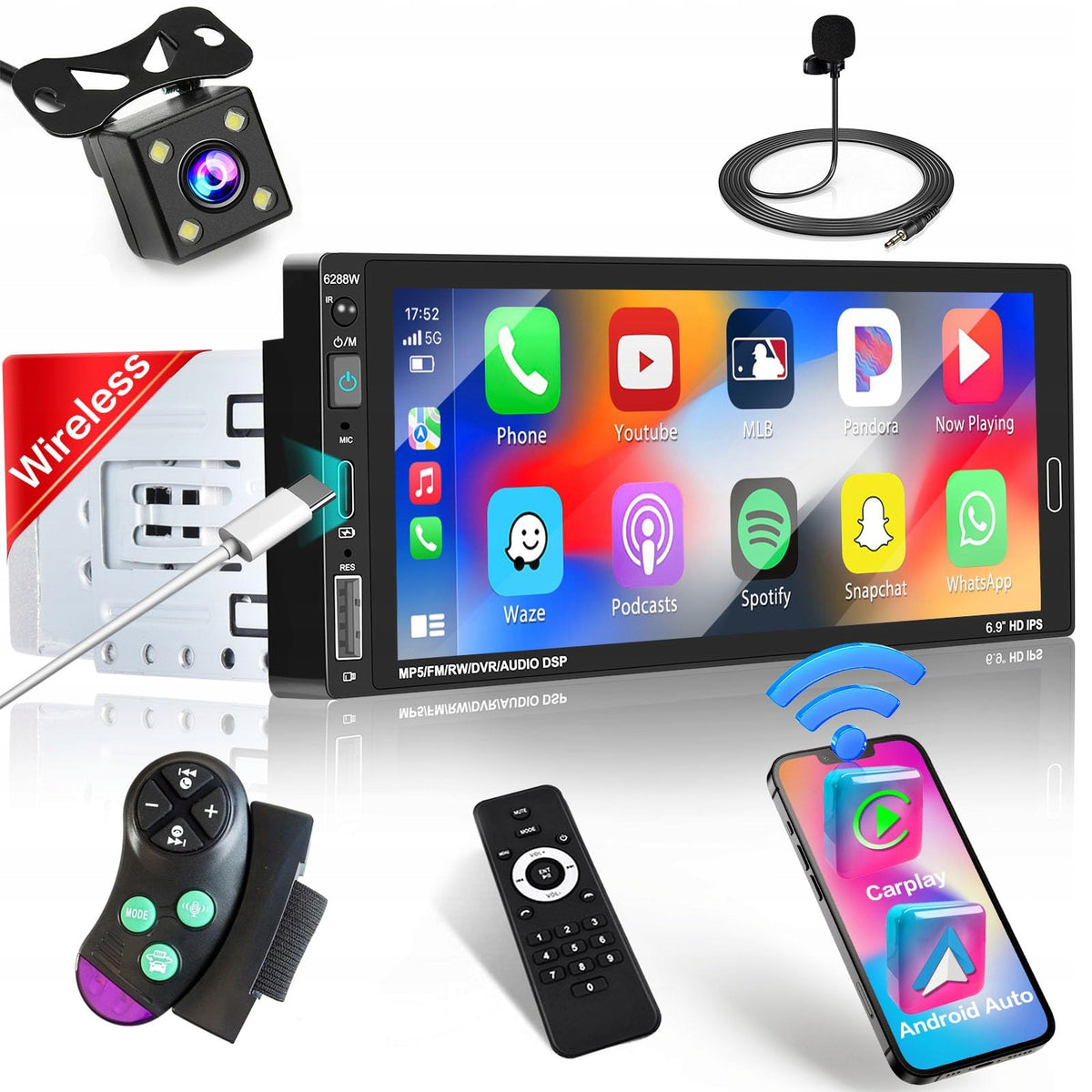 Car radio 1 DIN 6,9 inch CarPlay Android, reversing camera