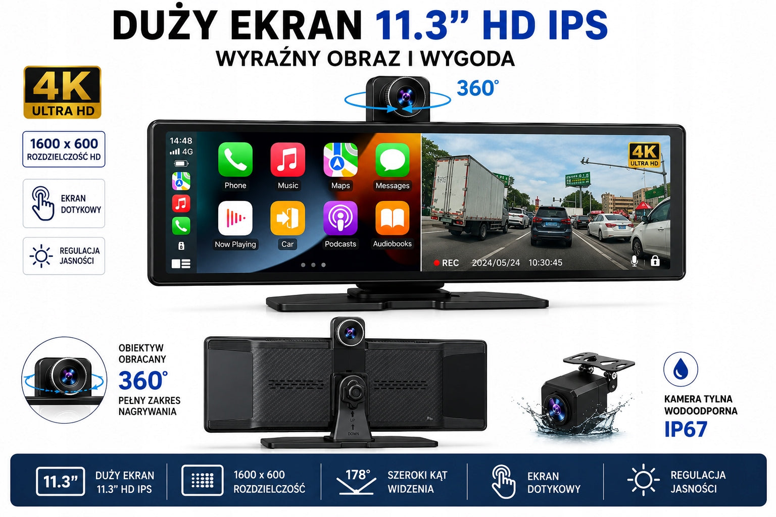 Carplay Android Auto 11,3" 4K Reversing Camera Driving Recorder DVR WiFi IPS Packaging status original