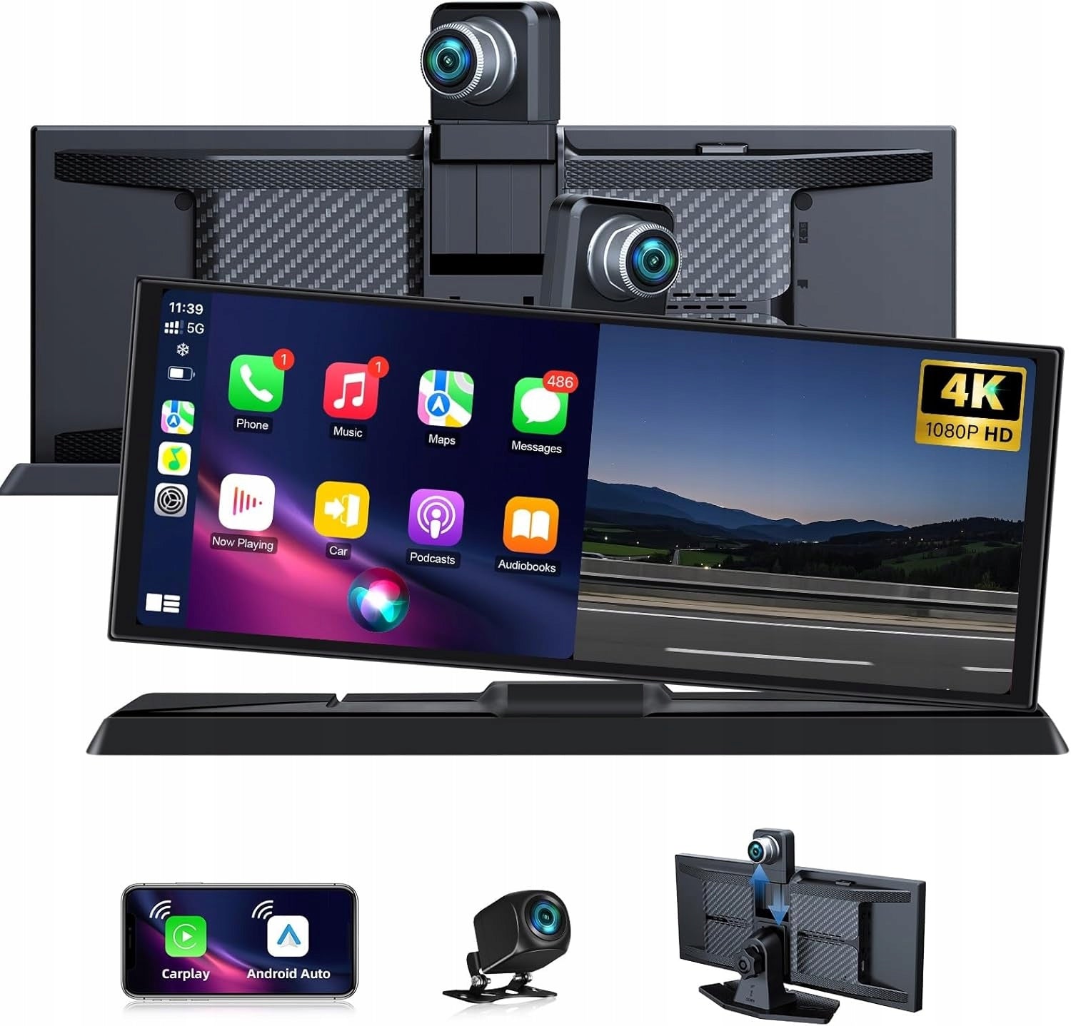 Carplay Android Auto 11,3" 4K Reversing Camera Driving Recorder DVR WiFi IPS