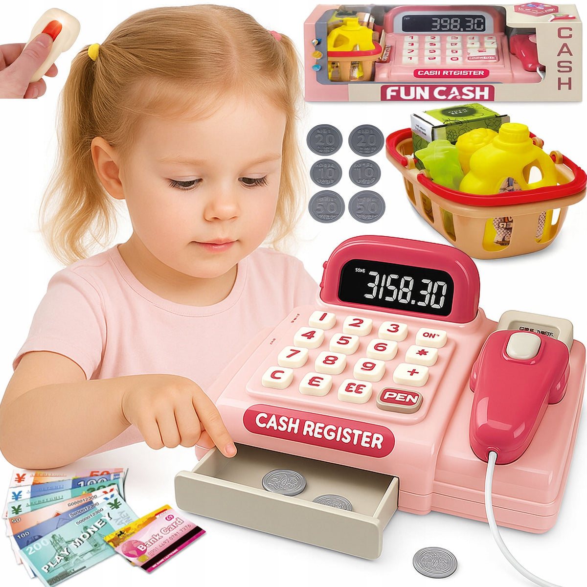 Cash register for children Calculator Scanner Sounds Basket Accessories
