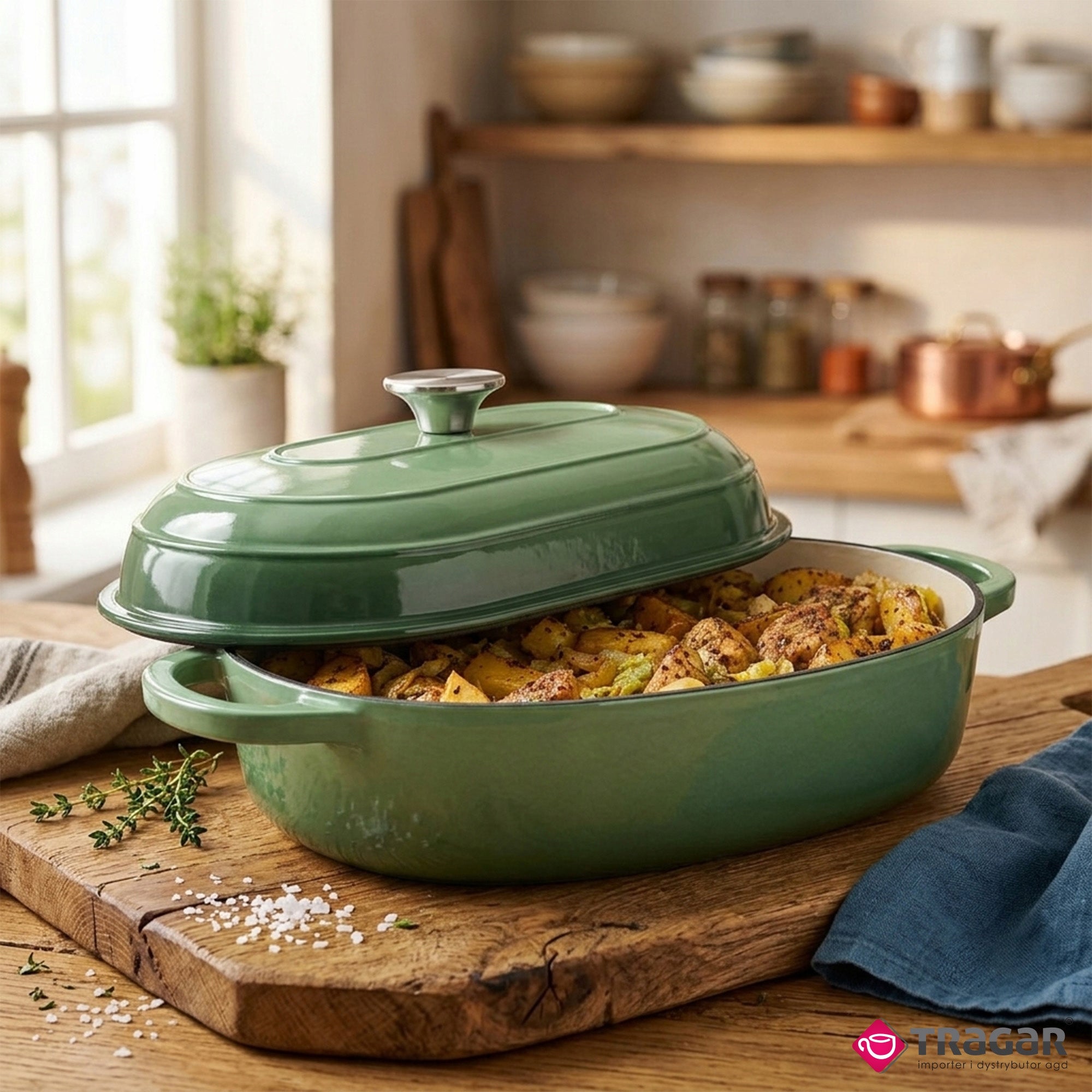 Cast Iron Brittany for Baking 31x20cm Enameled Green with Lid Handles Brand Meyerhoff
