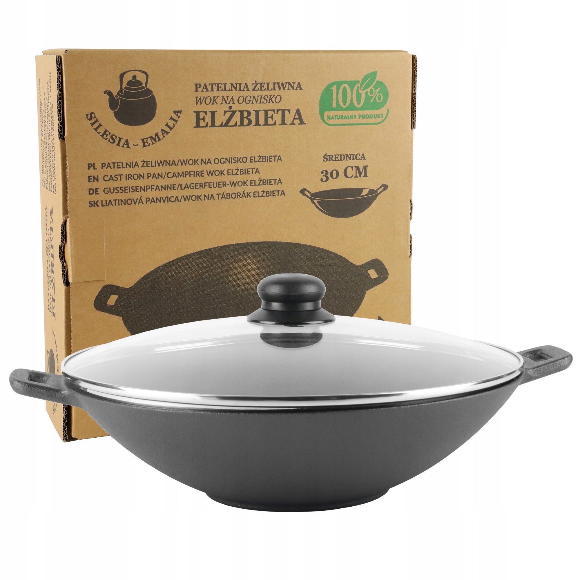 Cast Iron Pan DEEP WOK 30cm + GLASS LID INDUCTION GAS