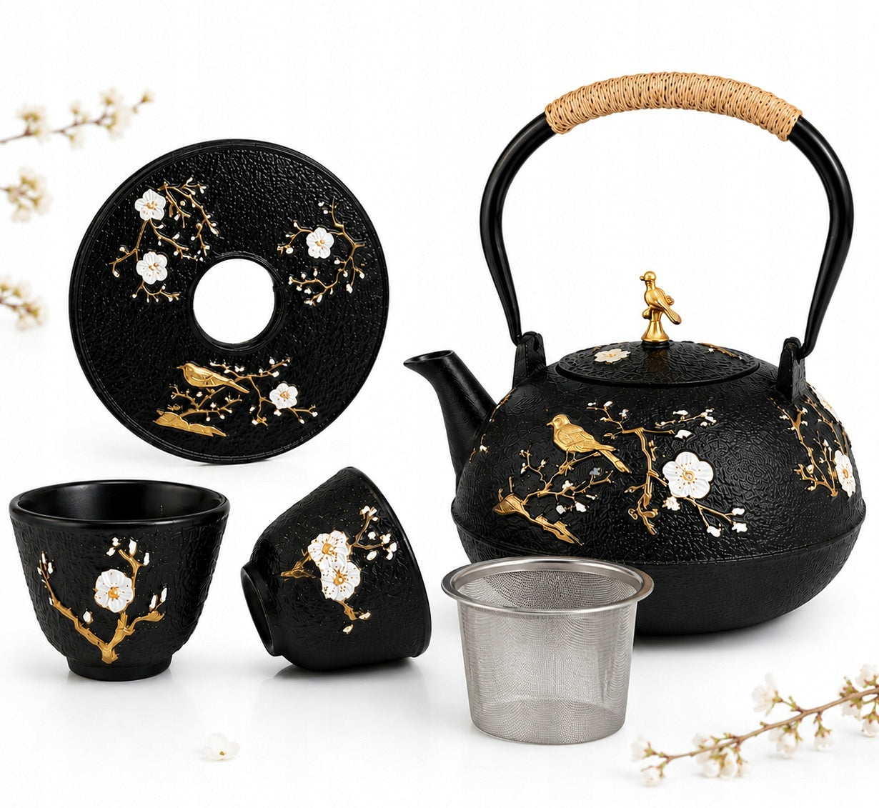 Cast Iron Teapot 1L with 2 Cups 60 ml and Stand