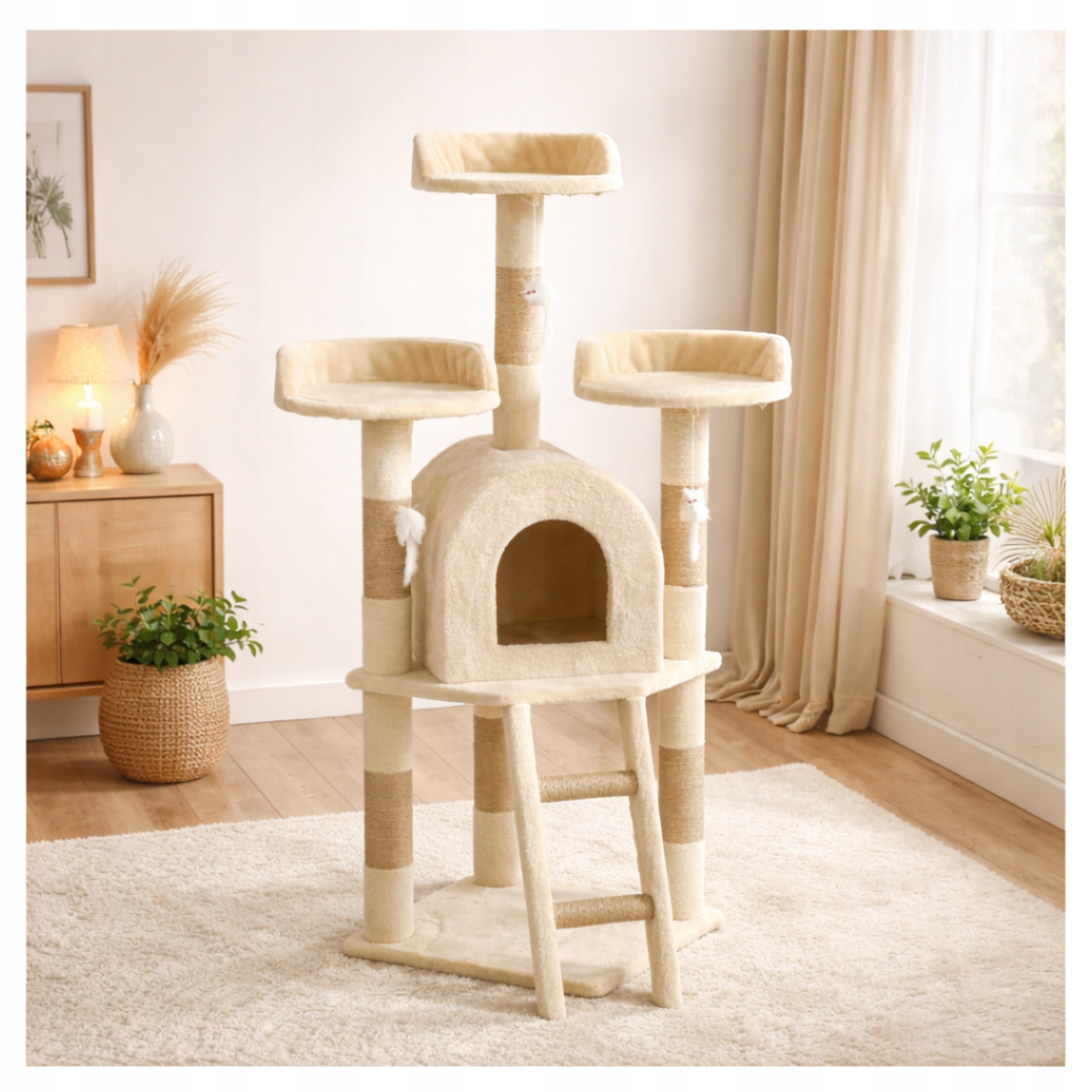 Cat Scratcher Large High Tower Fishing Rod Bed Cottage Post Toy D120 Color beige