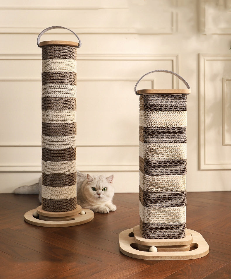 Cat Scratching Post Cardboard Scratcher White and Brown with Ball Toy 60cm