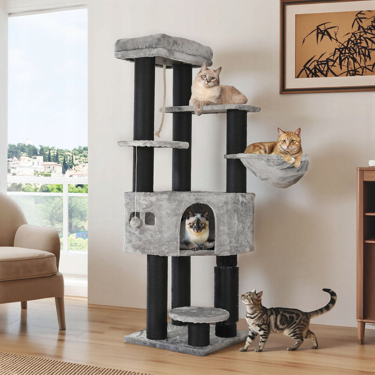Cat Scratching Post, Cat Tree, Large Platforms, 50 x 50 x 157 cm, Grey Manufacturer code PSPFCT-0001-E-AL