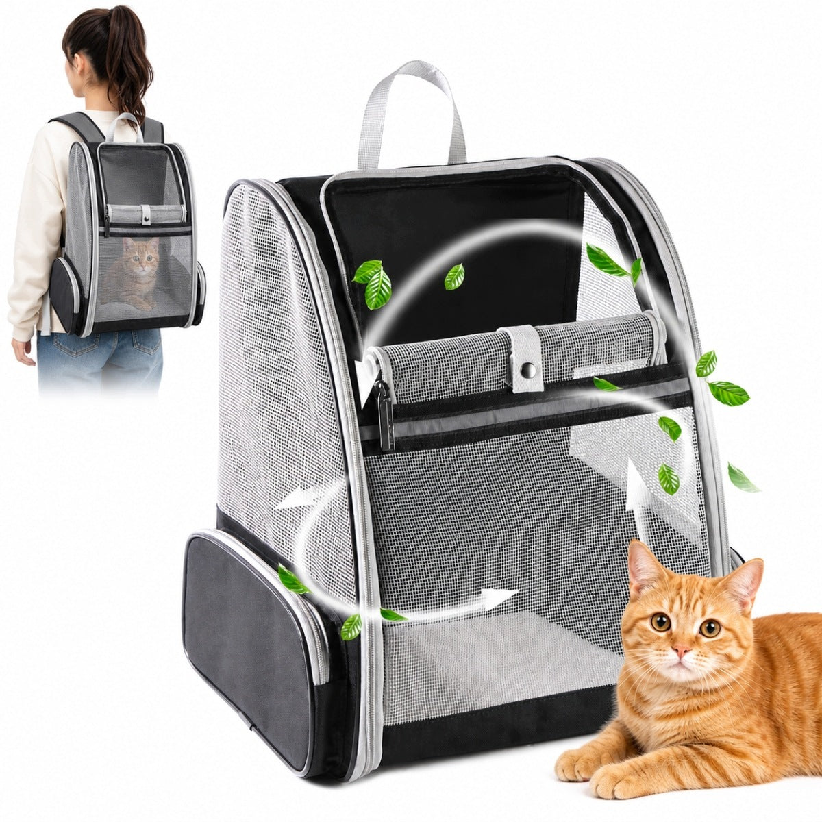 Cat and dog transporter foldable ventilated backpack with handle