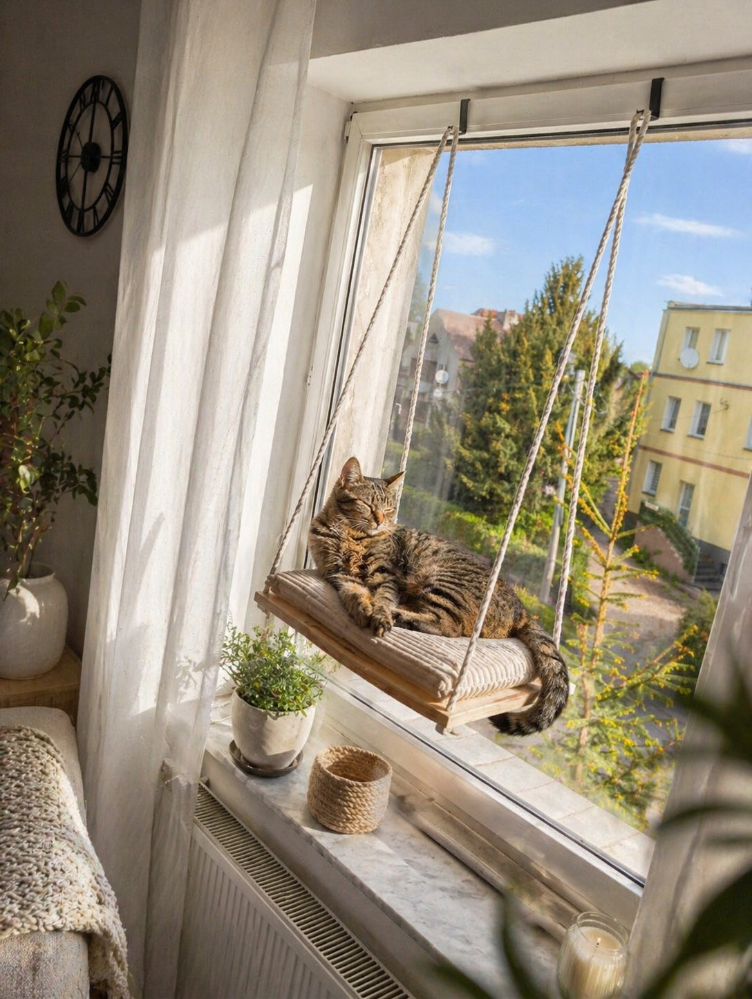 Cat hammock for window. PREMIUM. Mattress Corduroy Fastening. SET. 50cm Color beige