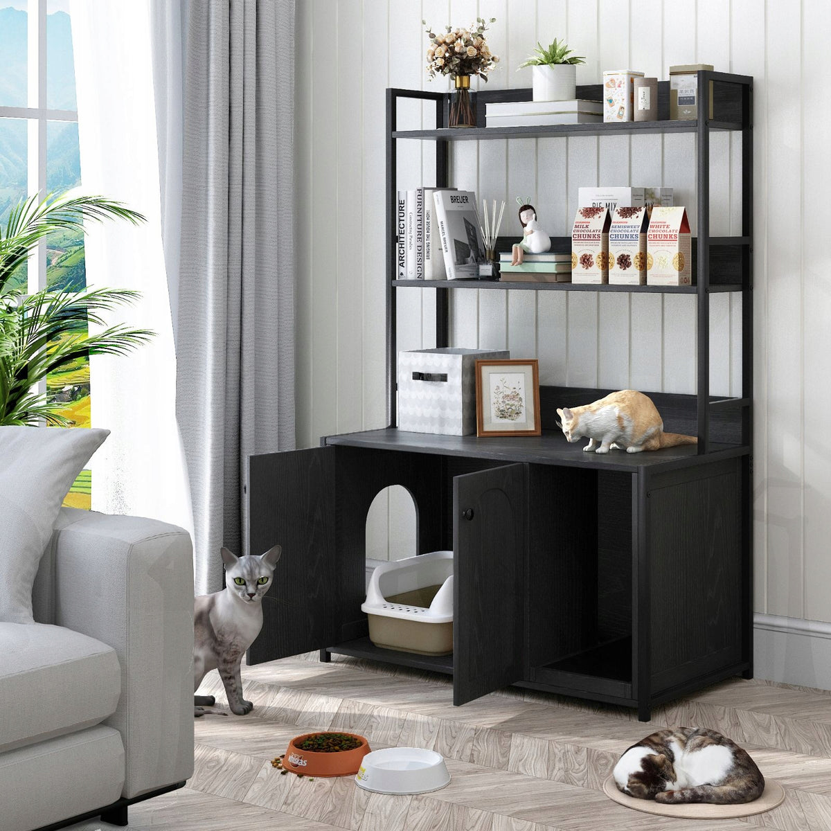 Cat litter box cabinet 3 levels bookcase black Length 89 cm