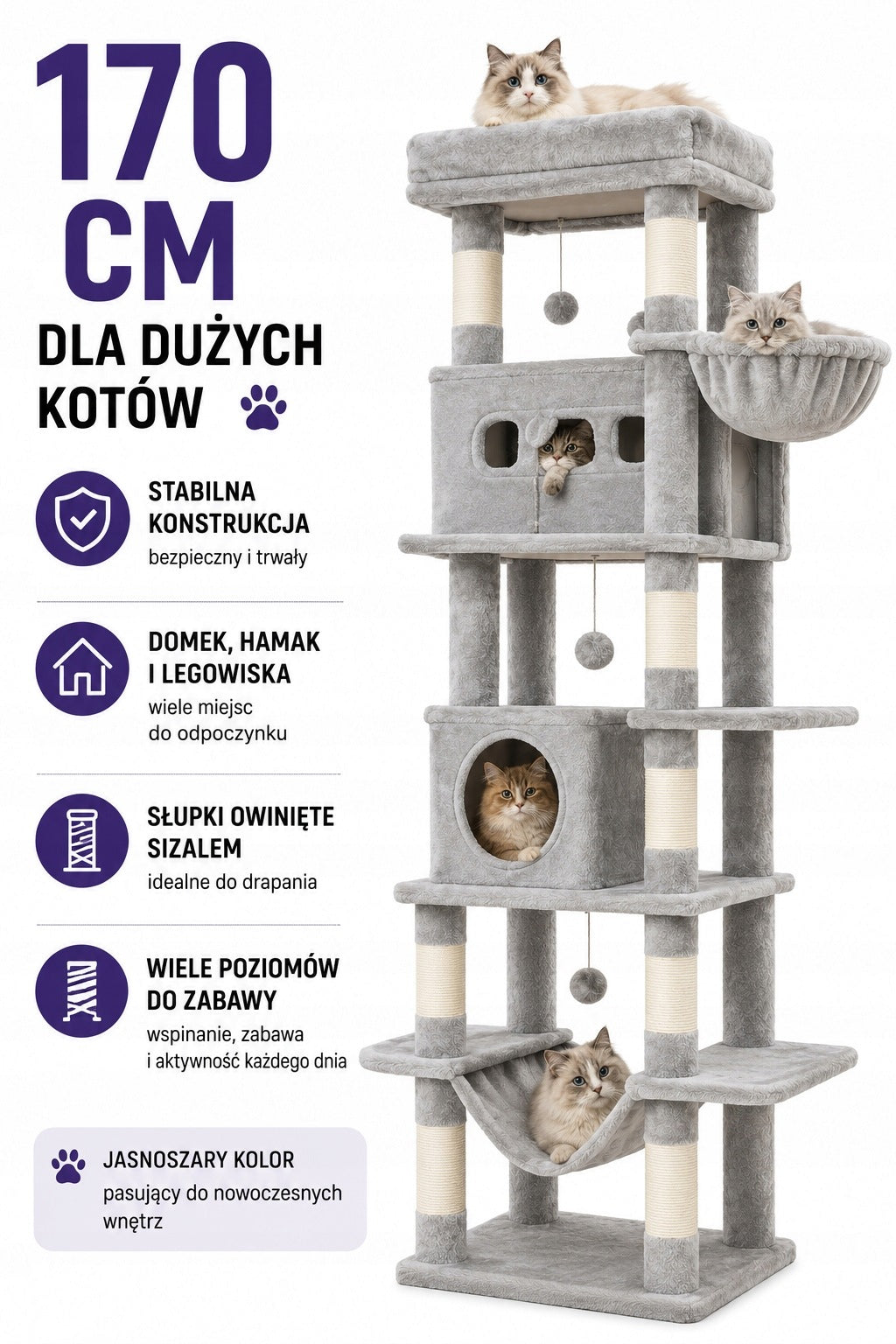Cat scratcher 170 cm light grey stable house hammock for big cats