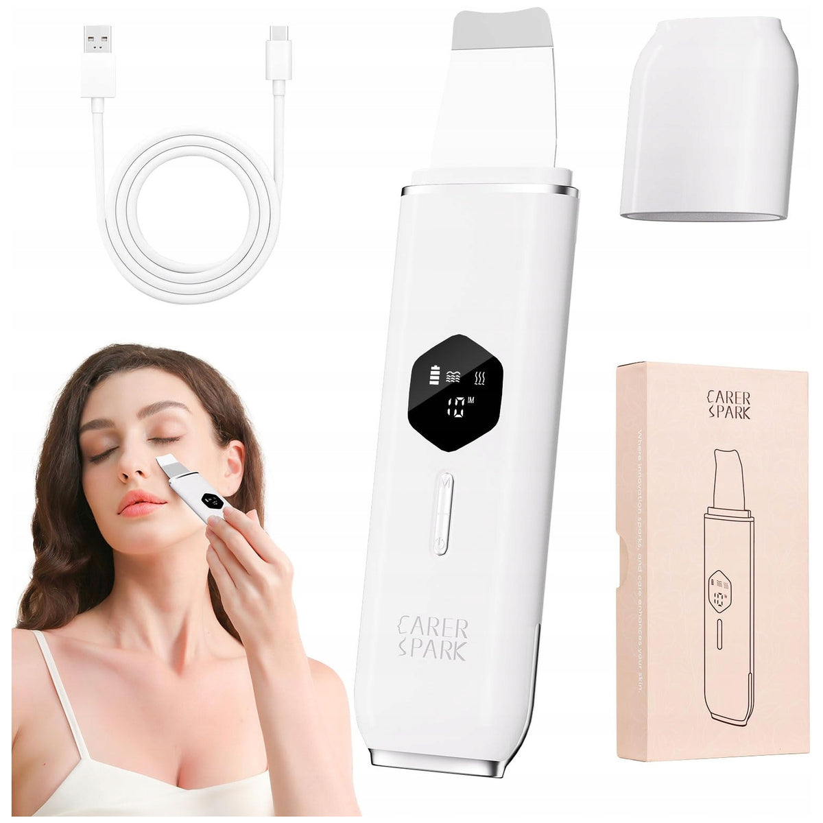 Cavitation Scrub Ultrasonic LED USB 4 Face Modes CARER SPARK